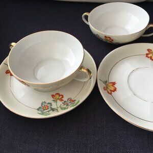 Pair German Vintage AMC Porcelain (1950's) Double-handle Soup Bowls with Saucers